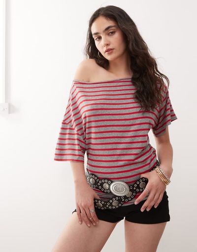 Collusion COLLUSION off the shoulder striped top in red-Multi
