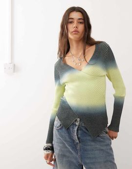 Collusion COLLUSION ombre knited long sleeve wrap top-Red