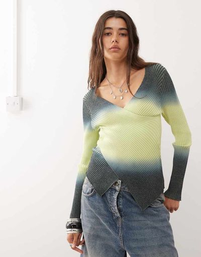Collusion COLLUSION ombre knited long sleeve wrap top-Red