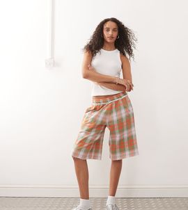 Collusion COLLUSION plaid print long sweatpants style shorts-Multi