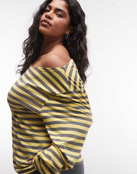 Collusion COLLUSION Plus long sleeve off-the-shoulder stripe top in lemon and gray stripe-Yellow