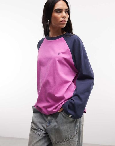 Collusion COLLUSION raglan branded tee in pink and navy
