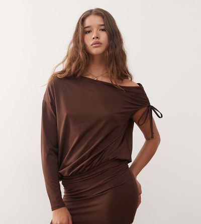 Collusion COLLUSION ruched asymmetric mini dress in chocolate brown