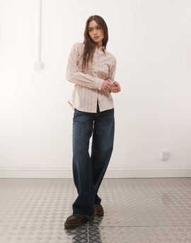 Collusion COLLUSION shirred long sleeve shirt in neutral stripes