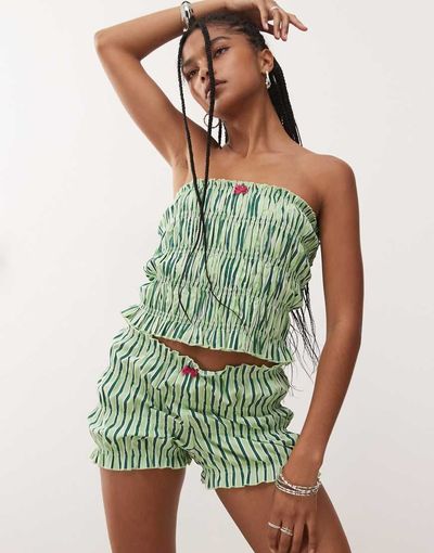Collusion COLLUSION shirred micro shorts in green stripe - part of a set