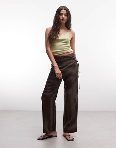Collusion COLLUSION side tie skirt pants in chocolate pinstripe-Brown