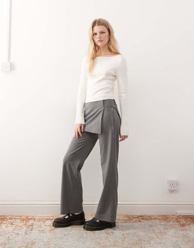 Collusion COLLUSION side tie skirt pants in gray pinstripe-Multi