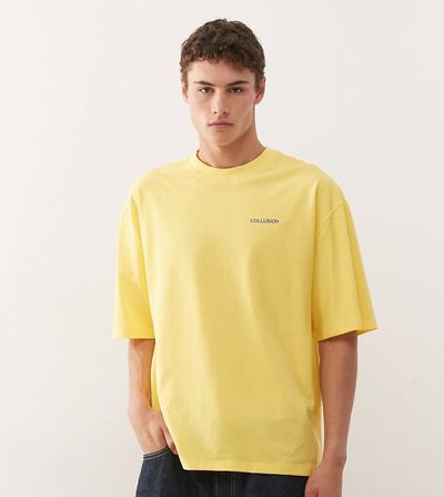 Collusion COLLUSION skater fit t-shirt in yellow with blue front and back prints