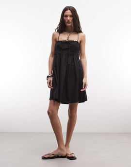 Collusion COLLUSION smocked mini dress with tie detail in black