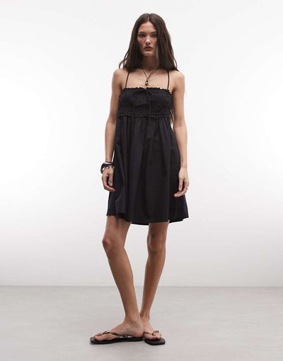 Collusion COLLUSION smocked mini dress with tie detail in black