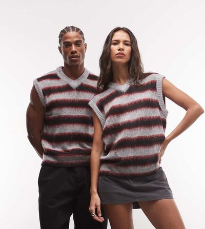 Collusion COLLUSION stripe fluffy knit sweater vest in gray & red stripe-MULTI