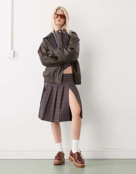 Collusion COLLUSION tailored low rise midi skirt with slit in dark plaid - part of a set-Multi