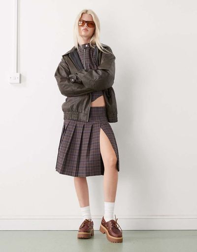 Collusion COLLUSION tailored low rise midi skirt with slit in dark plaid - part of a set-Multi