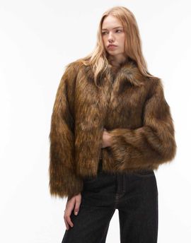 Collusion COLLUSION tipped faux fur short jacket in brown