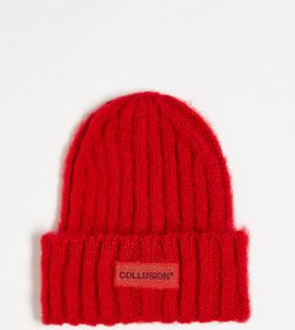Collusion COLLUSION Unisex fluffy yarn beanie with tonal logo in red