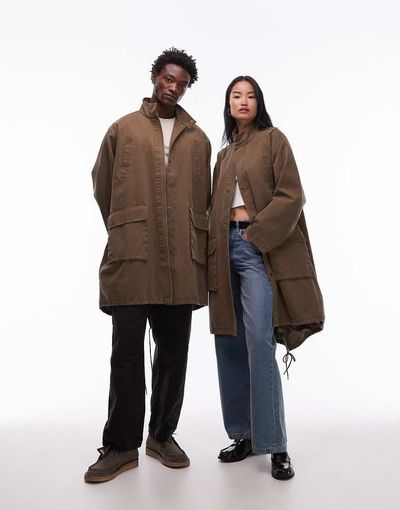 Collusion COLLUSION Unisex longline barn jacket in khaki-Green