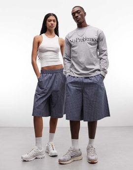 Collusion COLLUSION Unisex longline shorts in blue check