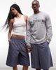Collusion COLLUSION Unisex longline shorts in blue check - 2