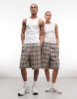 Collusion COLLUSION Unisex longline shorts in brown check