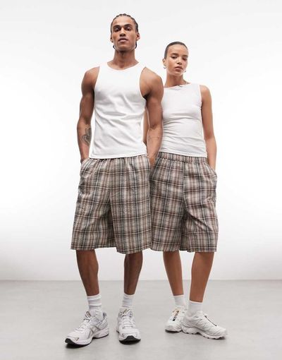 Collusion COLLUSION Unisex longline shorts in brown check