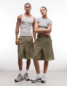 Collusion COLLUSION Unisex longline shorts in green gingham