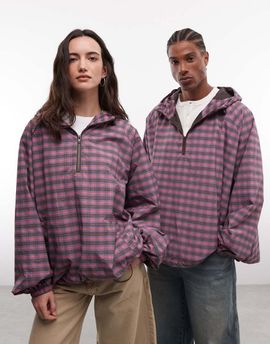 Collusion COLLUSION Unisex oversized hooded track jacket in pink plaid