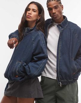 Collusion COLLUSION unisex oversized track denim jacket in grunge wash-Blue