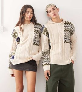 Collusion COLLUSION Unisex spliced fairisle cable knit hoodie-Multi