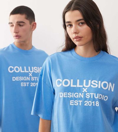 Collusion COLLUSION Unisex t-shirt in blue with central logo print in white
