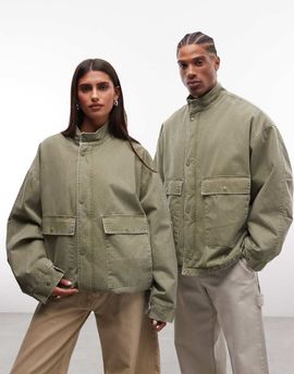 Collusion COLLUSION Unisex utility oversized padded funnel neck jacket in green
