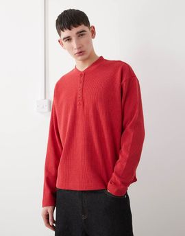 Collusion COLLUSION washed heavyweight pique long sleeve boxy oversized Henley in red