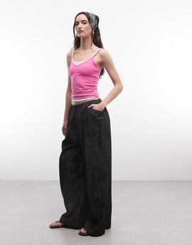 Collusion COLLUSION wide leg skinny tie waist baggy pants in charcoal chambray-Navy