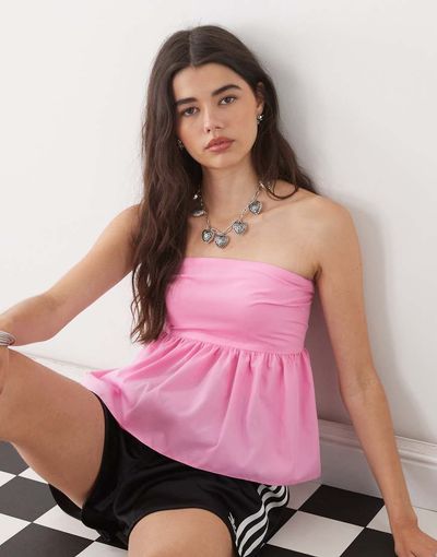Collusion COLLUSION woven bandeau top with shirred back in pink