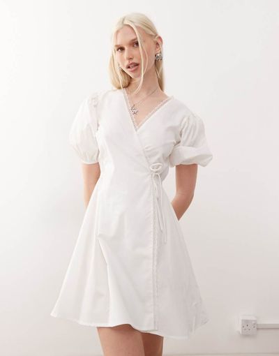 Collusion COLLUSION wrap lace edged mini dress in white