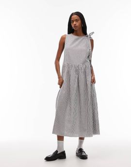 Collusion COLLUSION wrap tie detail midi dress in gray and white stripes