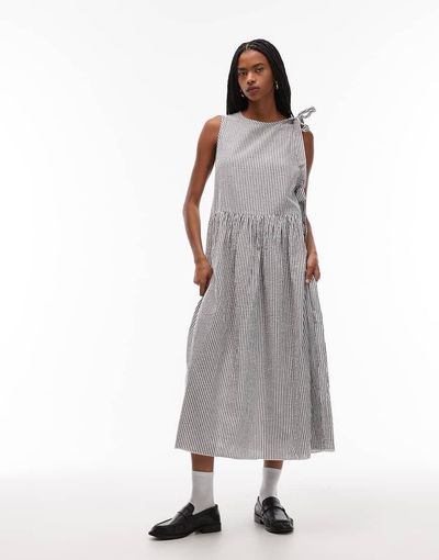Collusion COLLUSION wrap tie detail midi dress in gray and white stripes