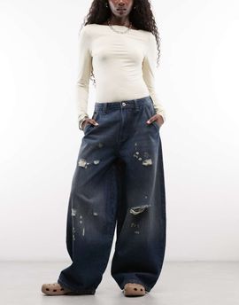 Collusion COLLUSION X006 XL balloon low rise jeans in dark blue grunge wash-Navy
