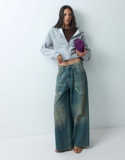 Collusion COLLUSION X007 XL baggy adjustable low rise jeans in grunge worn wash-Green