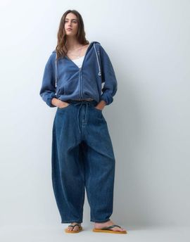 Collusion COLLUSION X008 drapey tie front balloon jeans in midwash blue