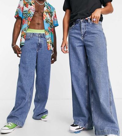 Collusion COLLUSION x018 Unisex Y2K wide leg skater jeans in medium blue