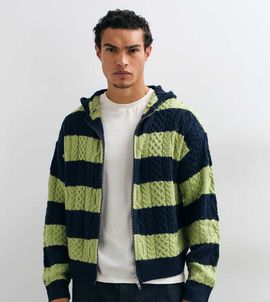 Collusion COLLUSION zip through oversized cable knit hoodie in navy & green stripe-Black