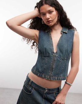 Collusion COLLUSION zip up denim shirt in grunge wash - part of a set-Blue