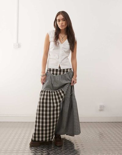 Collusion COLLUSON spliced maxi skirt in gray plaid