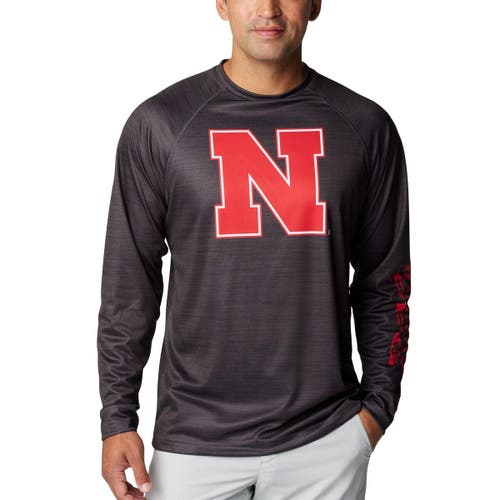 Columbia Men's Columbia Heather Charcoal Nebraska Huskers PFG Terminal Tackle Omni-Shade Raglan Long Sleeve T-Shirt 