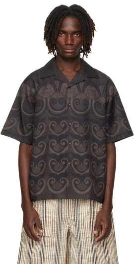 COMMAS COMMAS Brown Painted Shell Silk Camp Collar Shirt