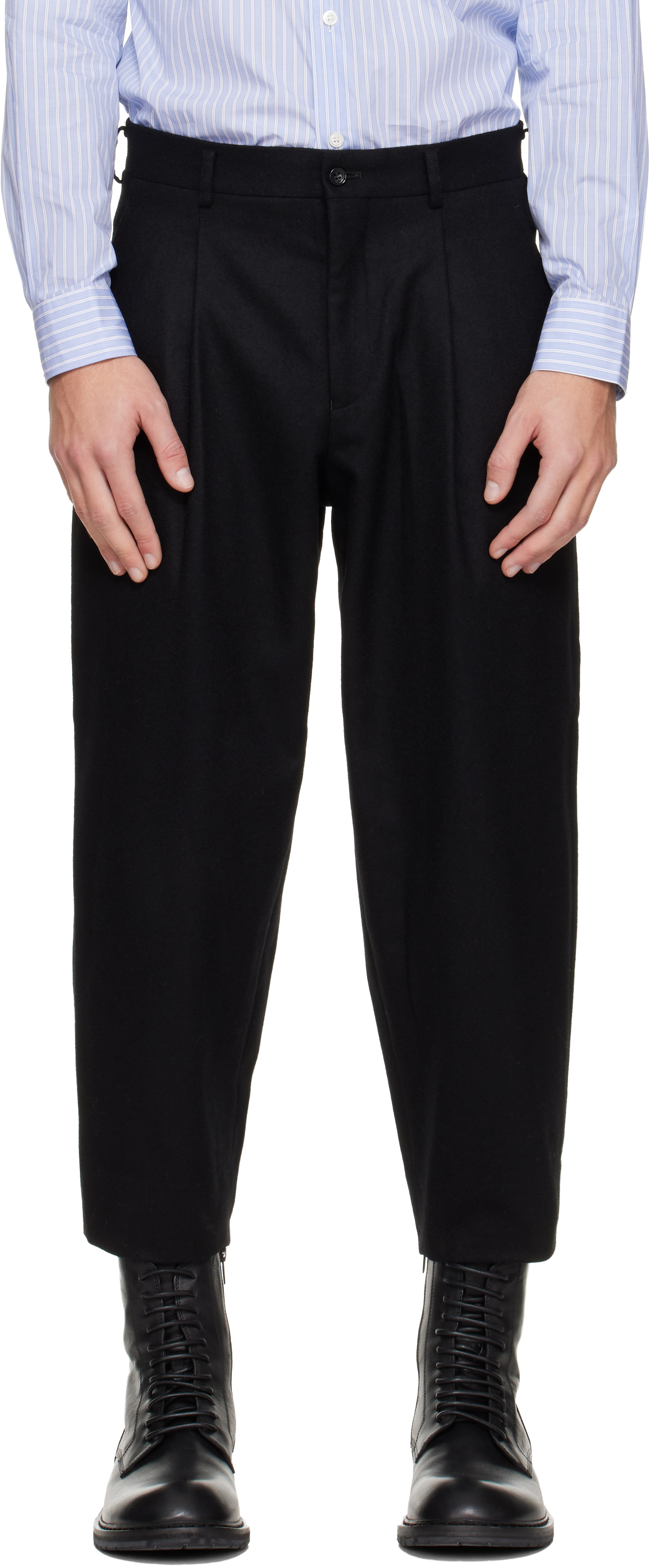 90's COMME des GARÇONS HOMME Flano Wool Comme des Garçons Homme Plus - Black Wool Nylon Flannel Trousers
