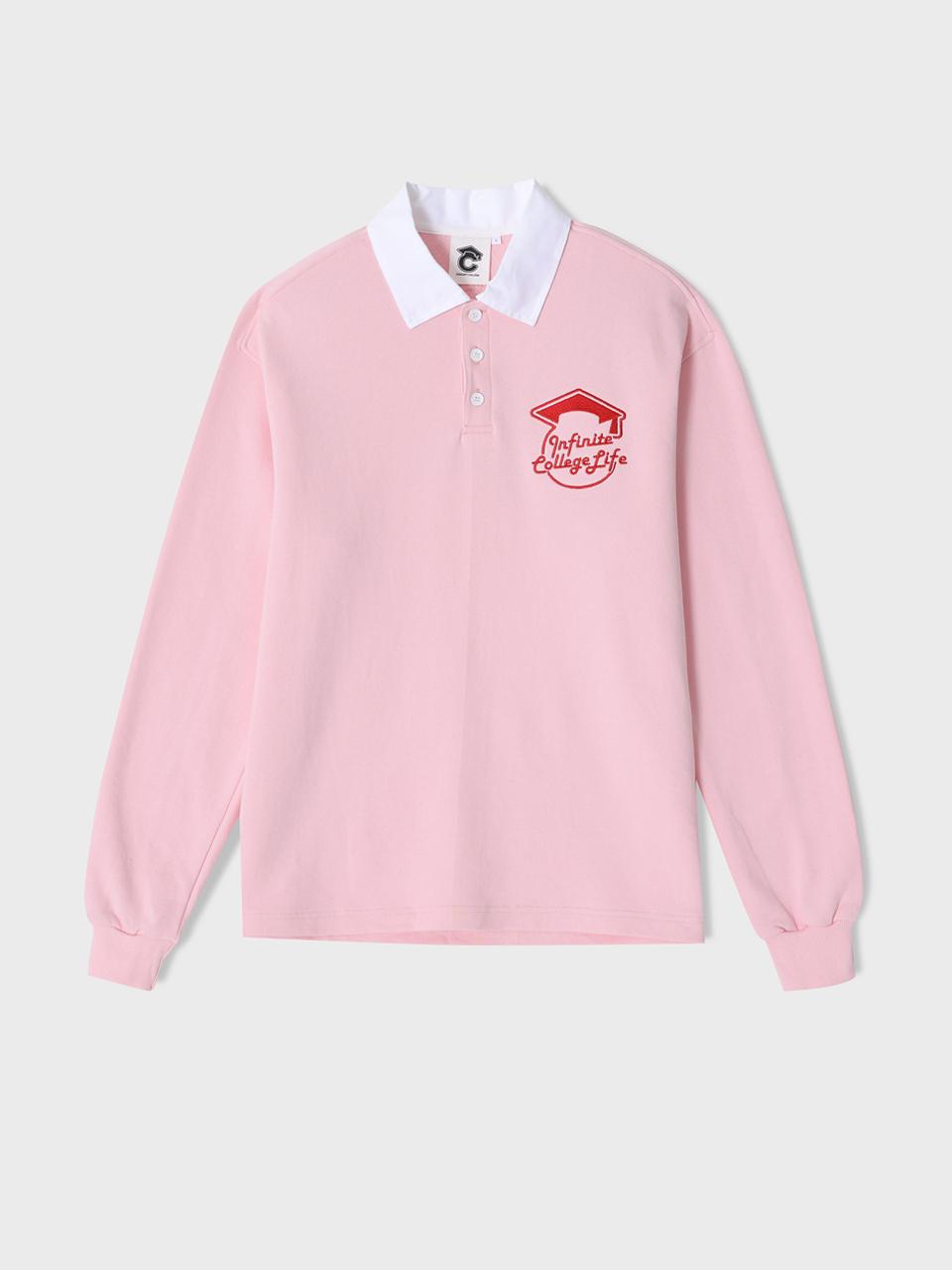 conceptcollege White collar long-sleeved rugby T-shirt_Pastel Pink