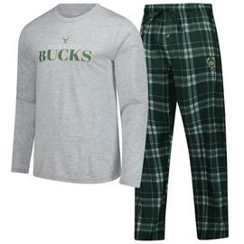 CONCEPTS SPORT Men's Concepts Sport Hunter Green Milwaukee Bucks Regulate Long Sleeve T-Shirt & Plaid Pant Set 