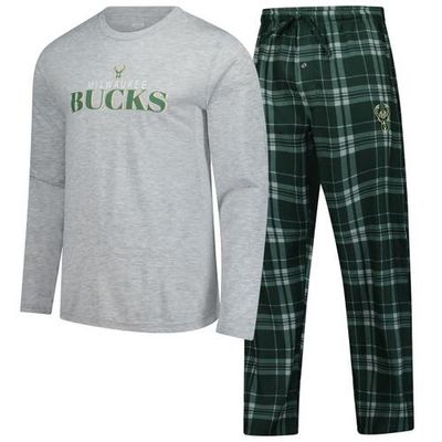 CONCEPTS SPORT Men's Concepts Sport Hunter Green Milwaukee Bucks Regulate Long Sleeve T-Shirt & Plaid Pant Set 
