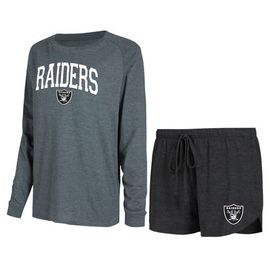 CONCEPTS SPORT Women's Concepts Sport Black/Charcoal Las Vegas Raiders Raglan Long Sleeve T-Shirt & Shorts Lounge Set 
